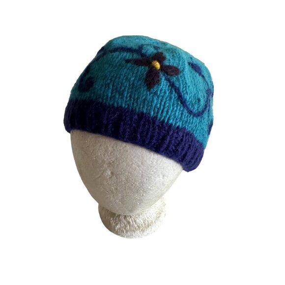 Handwoven Ganesh Himal 100% Wool Beanie Hat With Floral Embroidery Made In Nepal - Picture 4 of 6